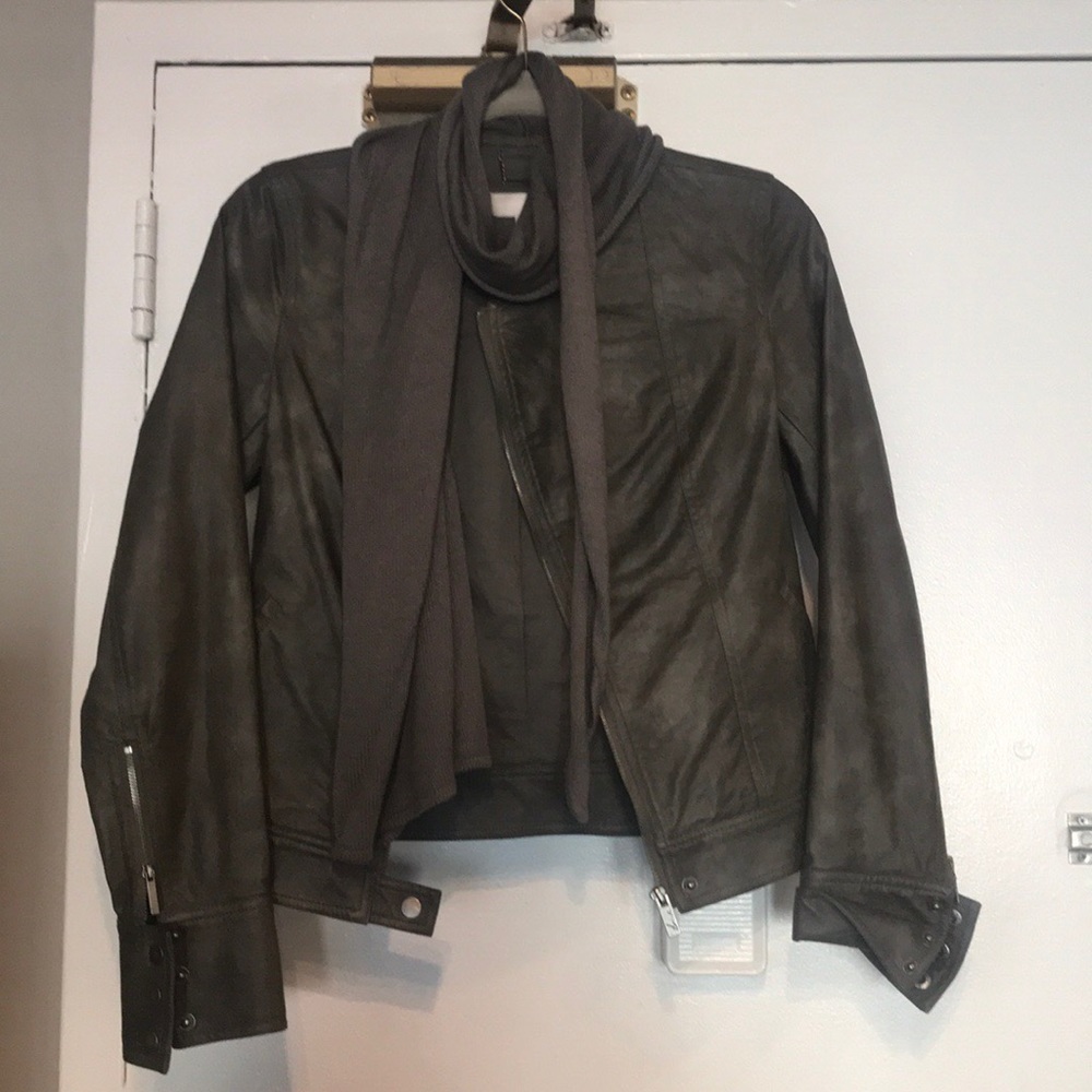 Grey faux leather jacket with built in scarf